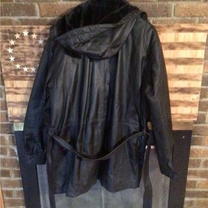 Mens long Hooded Leather Dress Coat. Size XL